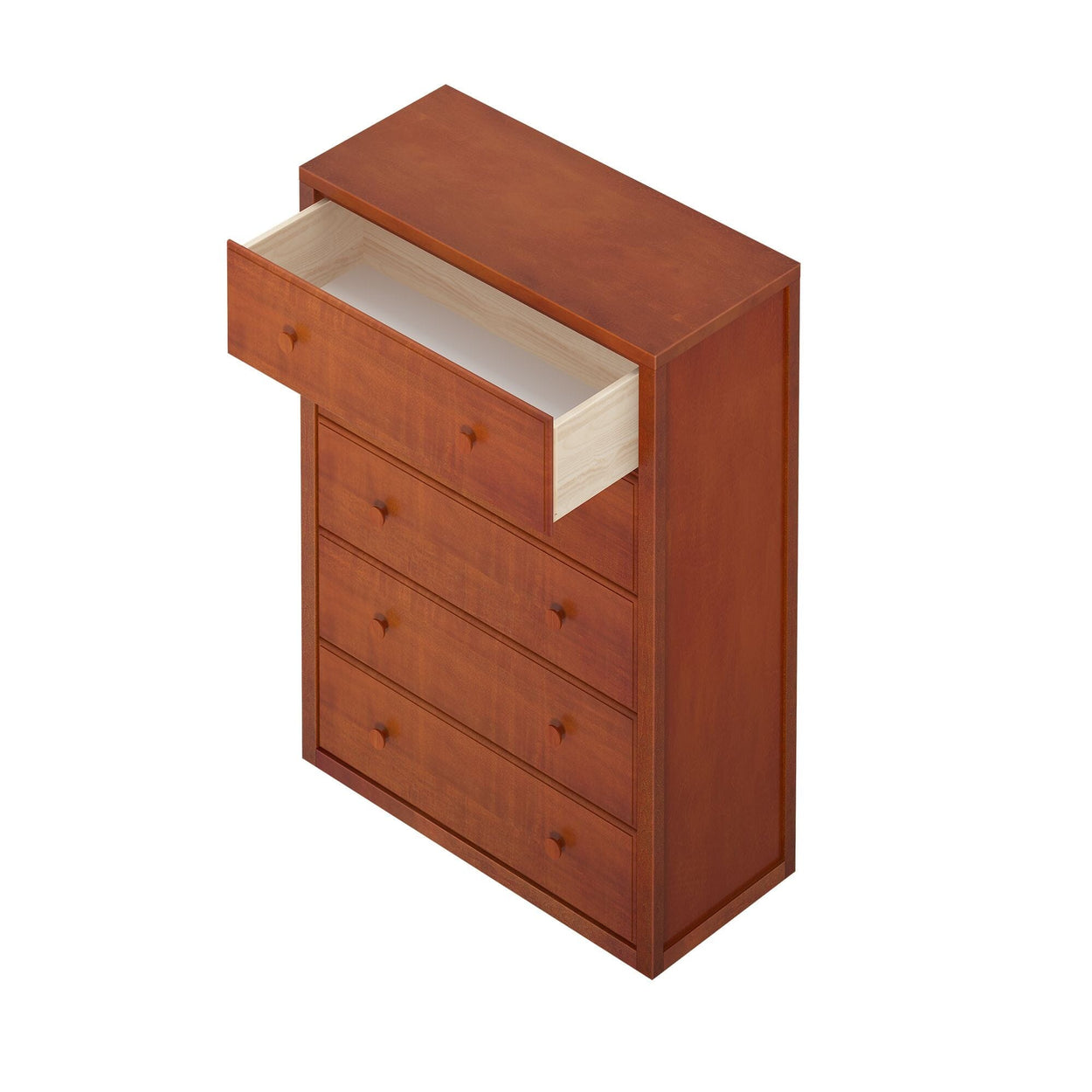 Wooden chest of drawers with open top drawer showcasing storage in modern furniture design.