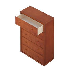 Wooden chest of drawers with open top drawer showcasing storage in modern furniture design.