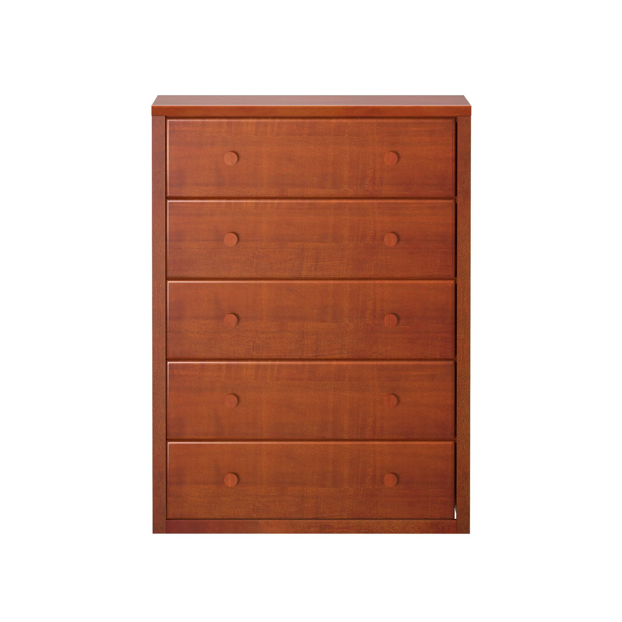 Wooden five-drawer dresser with a smooth finish and circular handles.