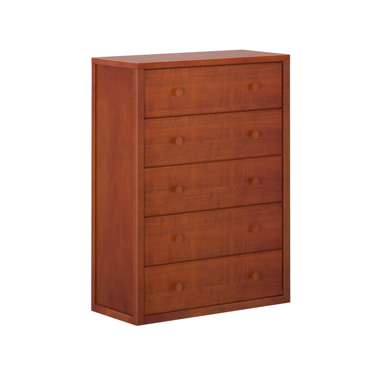 Wooden five-drawer dresser for bedroom storage, elegant and space-saving furniture.