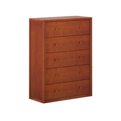 Wooden five-drawer dresser for bedroom storage, elegant and space-saving furniture.