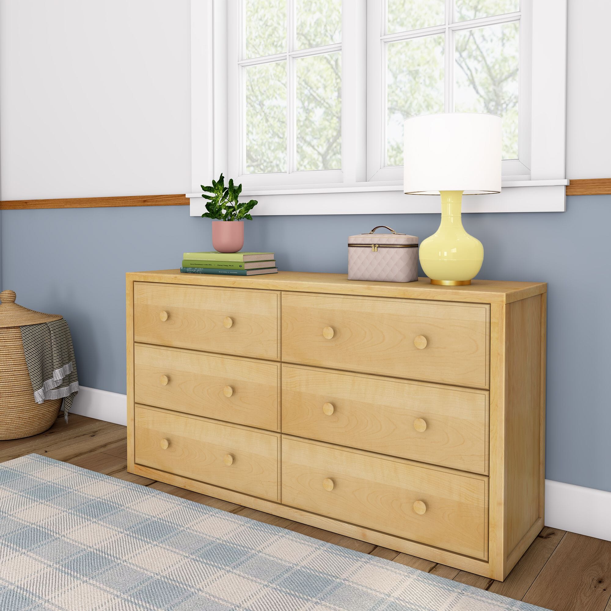 Stylish wooden bunk bed in cozy children's bedroom with natural lighting and modern decor.