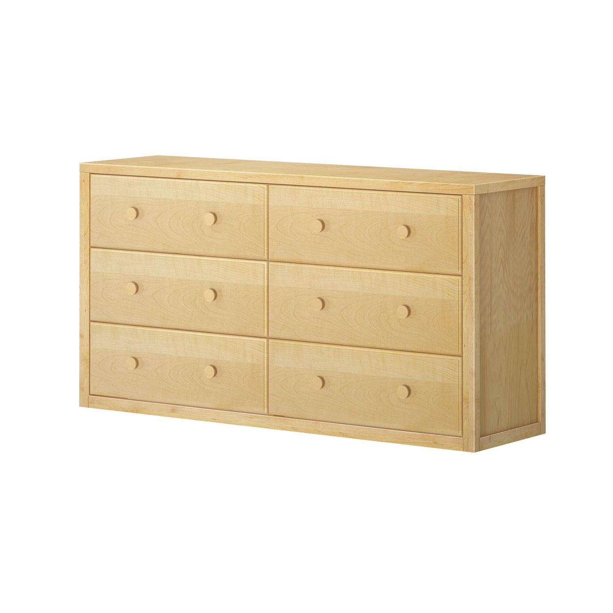 Natural wood six-drawer dresser with a minimalist design.