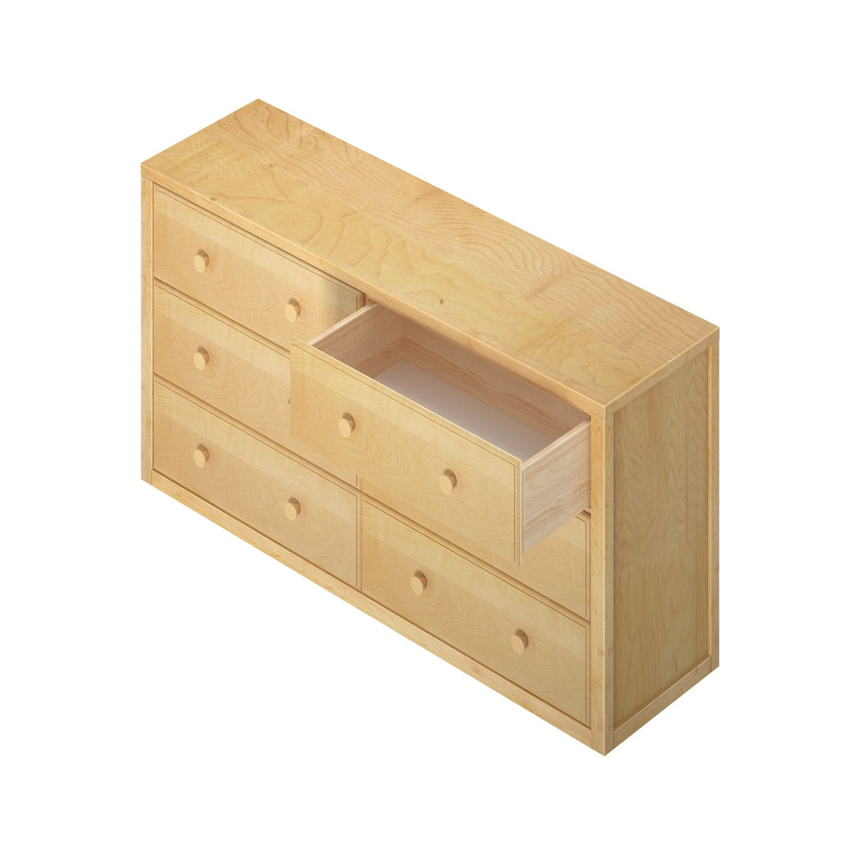 Natural wood six-drawer dresser with one drawer open, showcasing storage capacity.