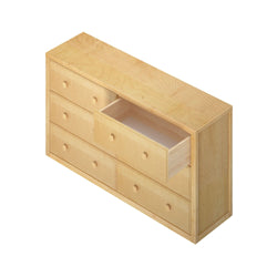 Natural wood six-drawer dresser with one drawer open, showcasing storage capacity.