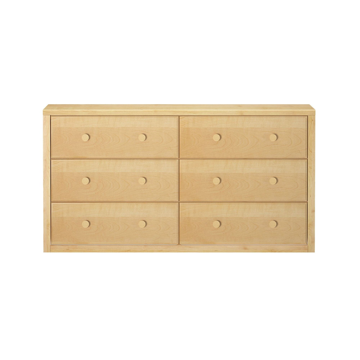 Natural wood six-drawer dresser with a minimalist design.