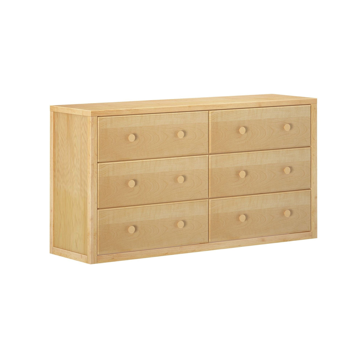 Wooden six-drawer dresser with natural finish for bedroom storage.