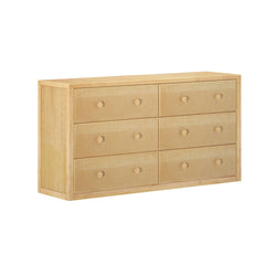 Wooden six-drawer dresser with natural finish for bedroom storage.