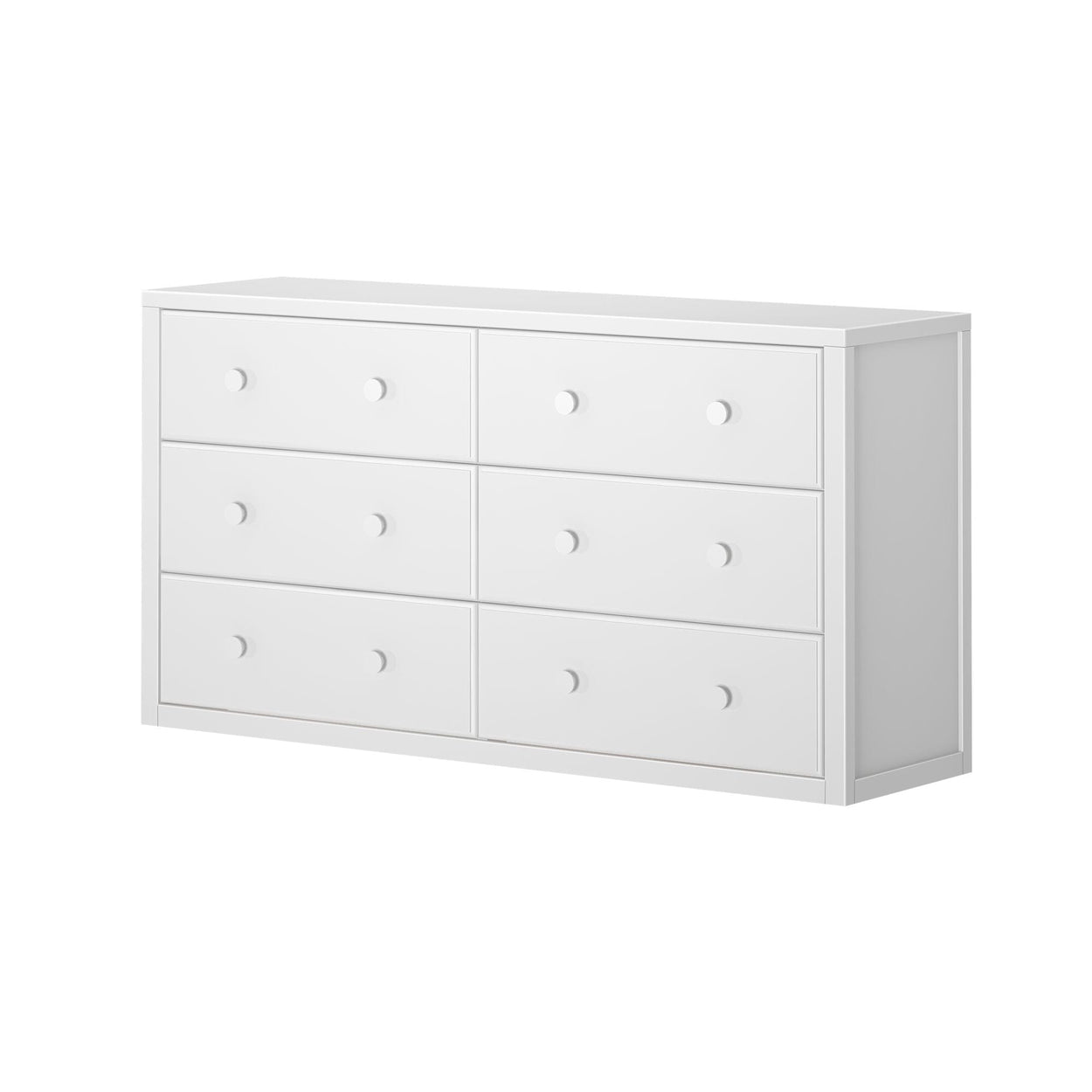 White six-drawer dresser with round knobs for bedroom organization.