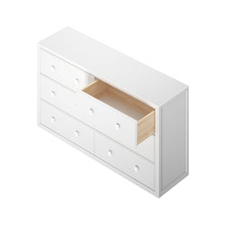 White six-drawer dresser with one open drawer, showcasing modern design and ample storage options.