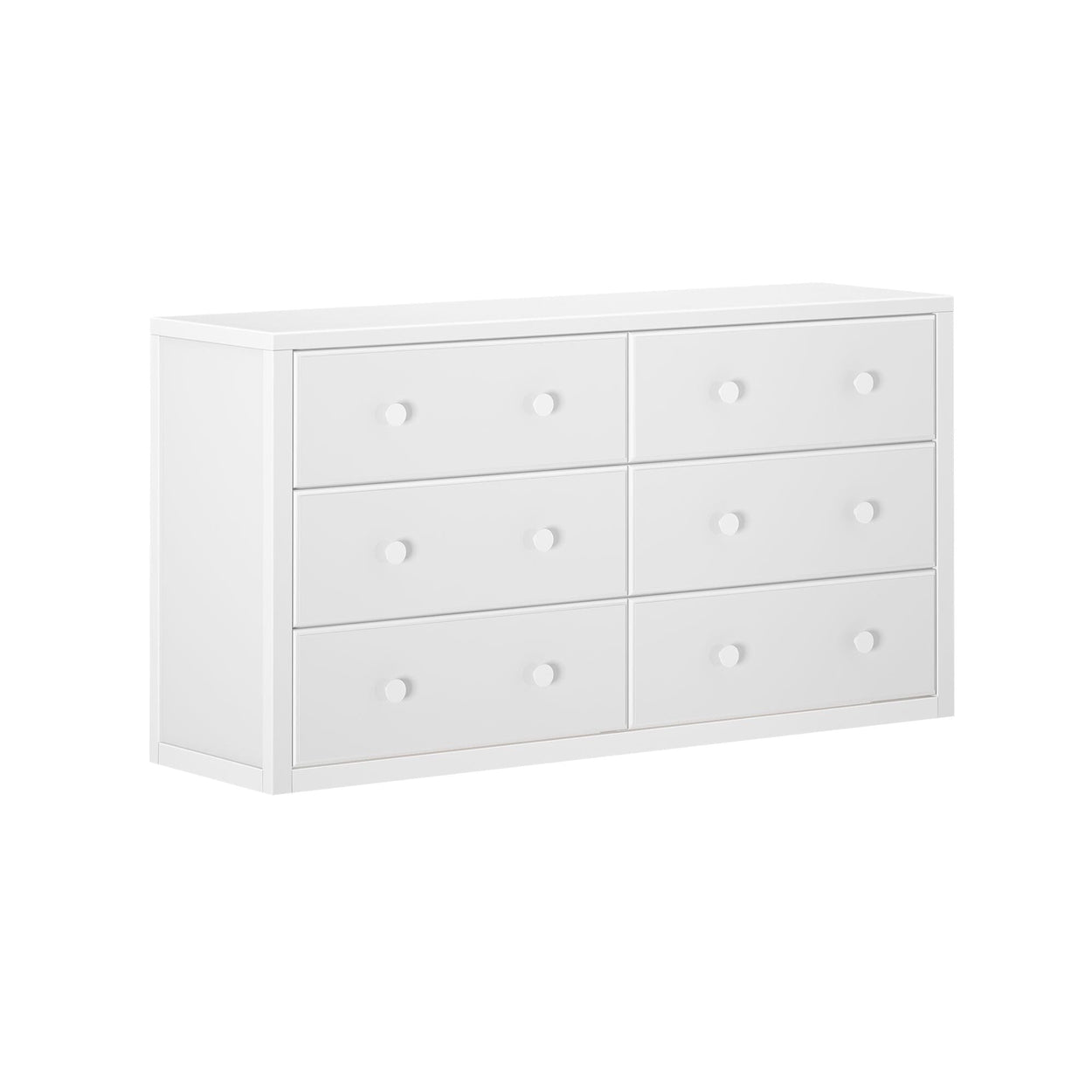White six-drawer dresser with a modern design, ideal for bedroom storage and organization.