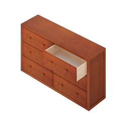 Wooden dresser with open drawer, featuring a stylish and practical design for bedroom storage solutions.