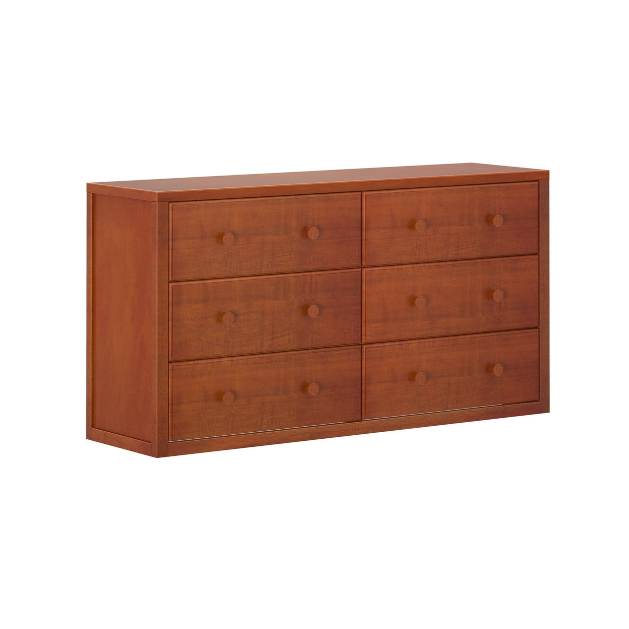 Wooden six-drawer dresser with natural finish for bedroom storage.