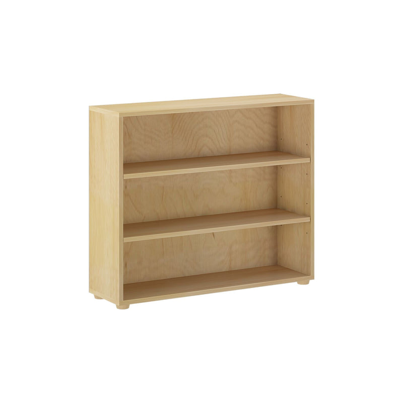 Three-shelf wooden bookcase with natural finish for home or office storage.