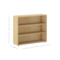 Three-shelf light wood bookcase with dimensions 31.5 x 37.5 x 10.75 inches.