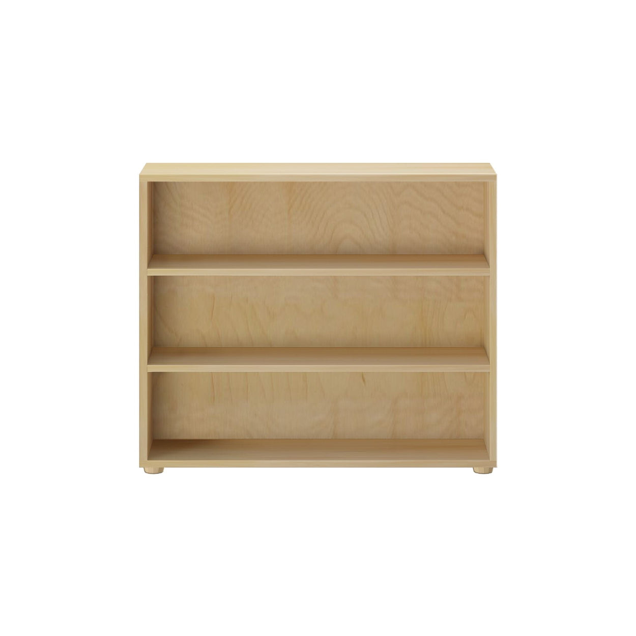 Natural wood three-shelf bookcase for home or office storage.