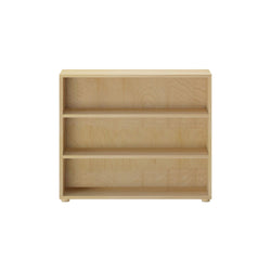 Natural wood three-shelf bookcase for home or office storage.