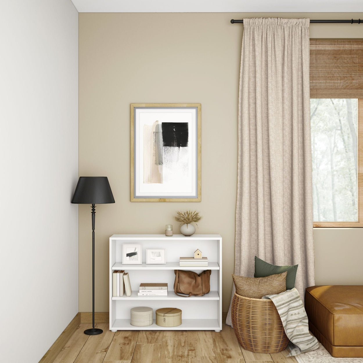Stylish living room corner with modern decor, including a black floor lamp, abstract wall art, beige curtains, and a white shelf with decorative items.