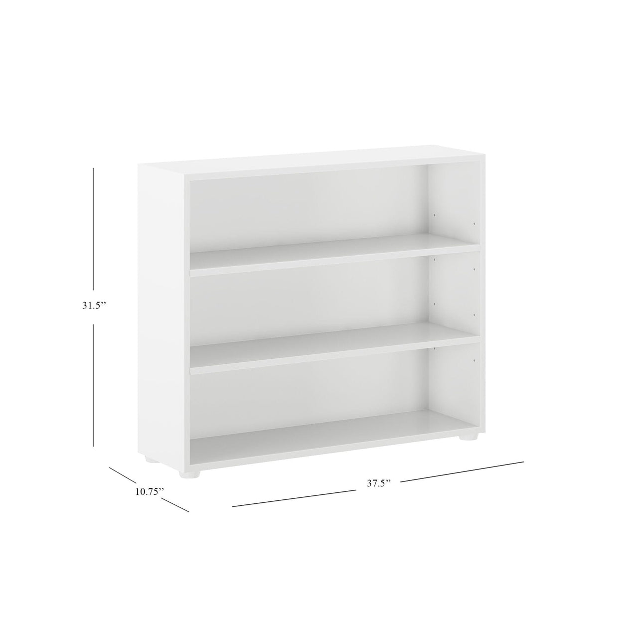 White three-shelf bookcase with dimensions 31.5 inches in height, 10.75 inches in depth, and 37.5 inches in width.