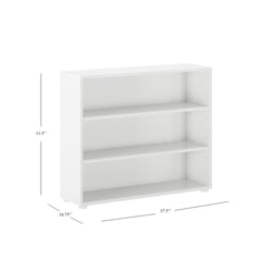 White three-shelf bookcase with dimensions 31.5 inches in height, 10.75 inches in depth, and 37.5 inches in width.