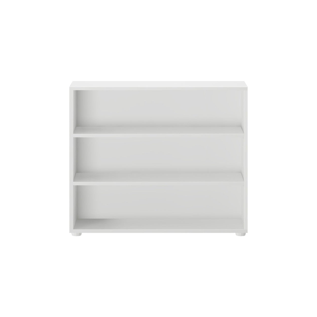 White three-tier bookshelf with minimalist design against a white background.