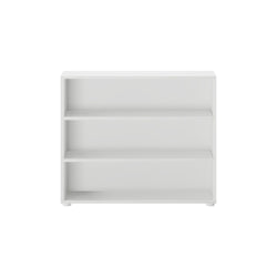 White three-tier bookshelf with minimalist design against a white background.