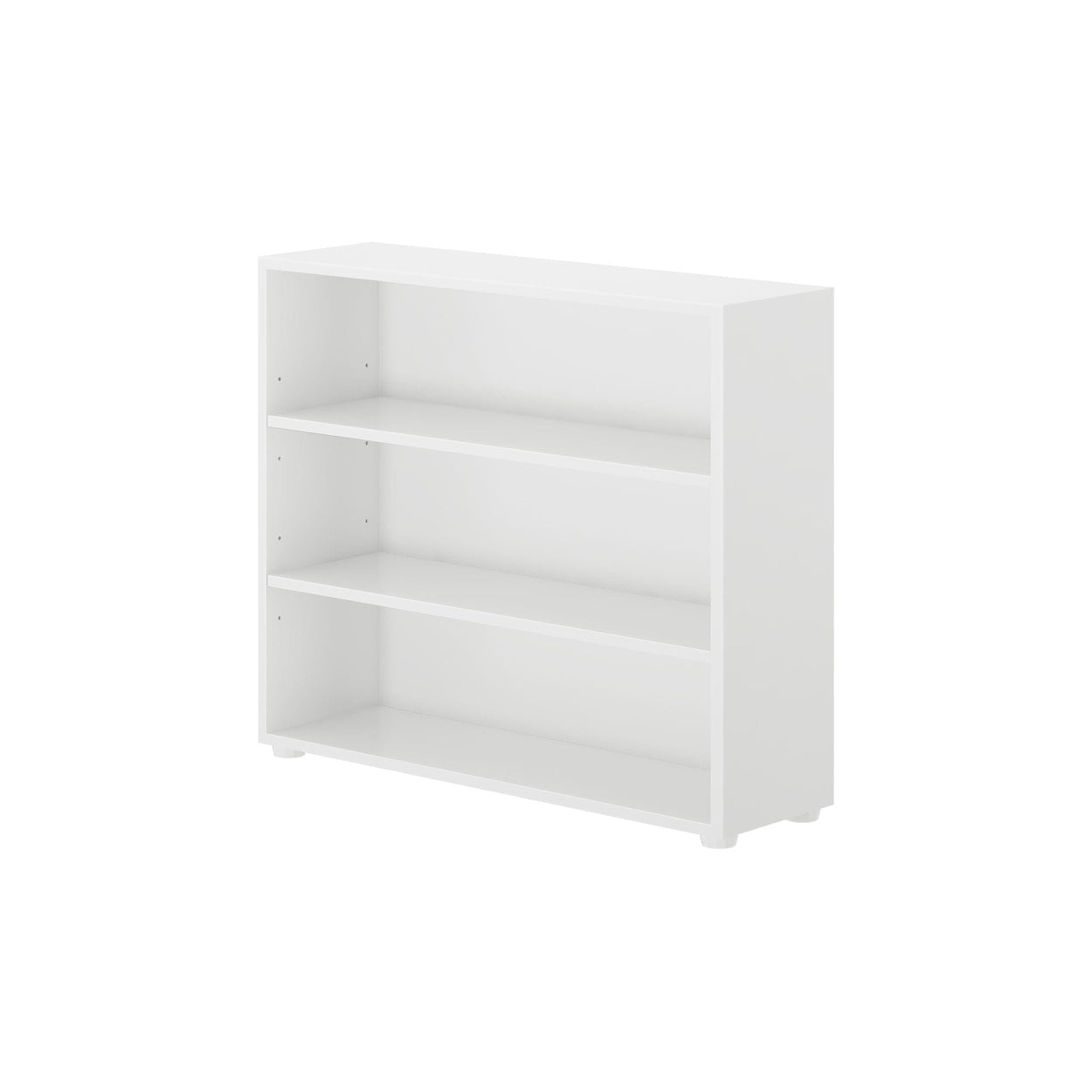 White three-shelf bookcase for home or office storage.