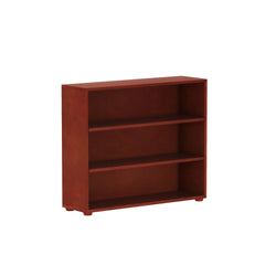 Wooden three-shelf bookcase in a dark brown finish for home or office storage.