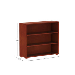 Wooden three-shelf bookcase with dimensions 31.5 inches height, 37.5 inches width, and 10.75 inches depth.
