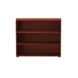 Wooden three-shelf bookcase, mahogany finish, ideal for home office organization and storage solutions.