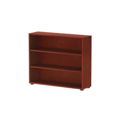 Wooden three-shelf mahogany bookcase for home office storage.