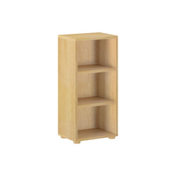Wooden three-shelf bookcase on a white background.