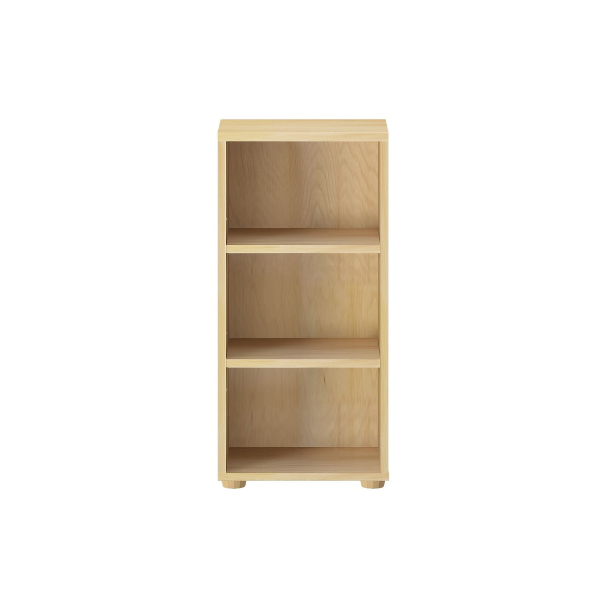 Wooden three-shelf bookcase on a white background.