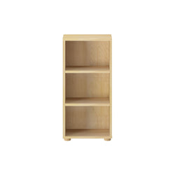 Wooden three-shelf bookcase on a white background.