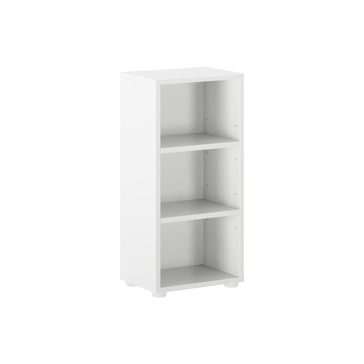 White three-shelf bookcase, ideal for home or office storage and organization.