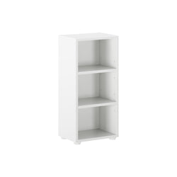 White three-shelf bookcase, ideal for home or office storage and organization.