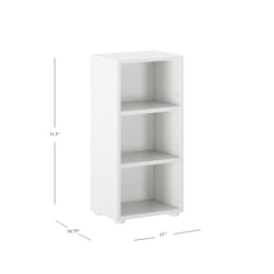 White three-shelf bookcase with dimensions 31.5" height, 15" width, 10.75" depth, perfect for home or office storage.
