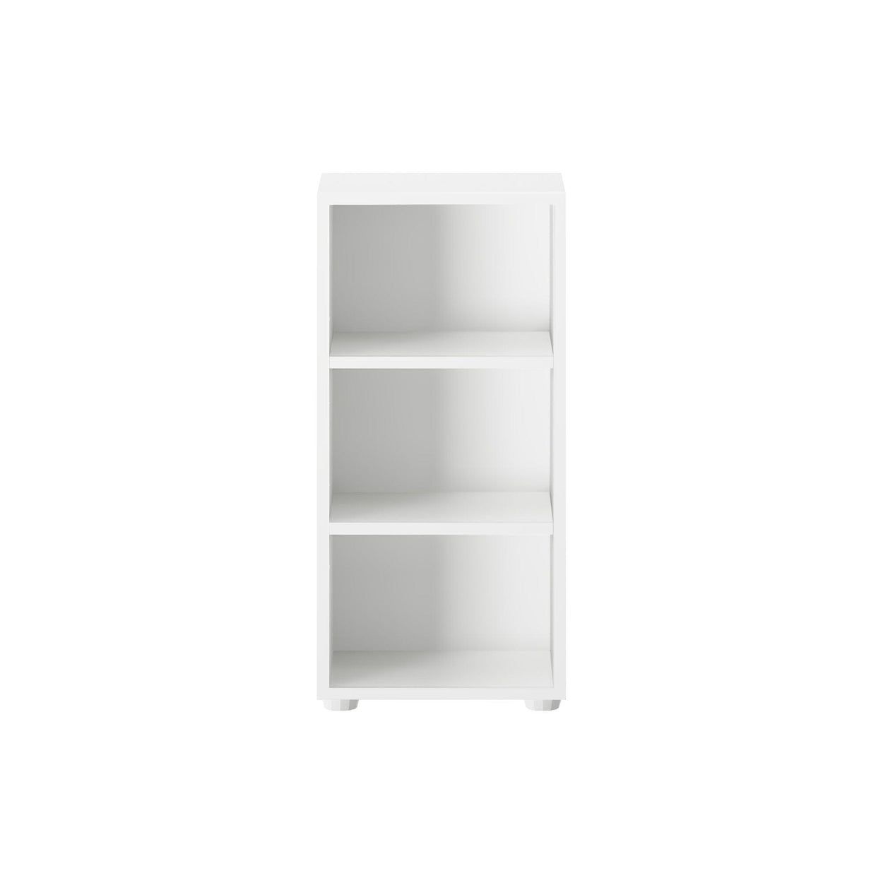 White three-shelf bookcase standing against a plain white background, ideal for modern home or office storage solutions.