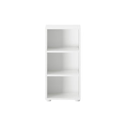 White three-shelf bookcase standing against a plain white background, ideal for modern home or office storage solutions.