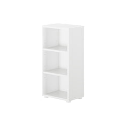 White three-shelf bookcase for home or office storage solutions.