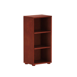Three-shelf wooden bookcase with a dark cherry finish.
