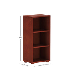 Tall wooden bookshelf with three shelves, measuring 31.5 inches in height, ideal for home or office storage.