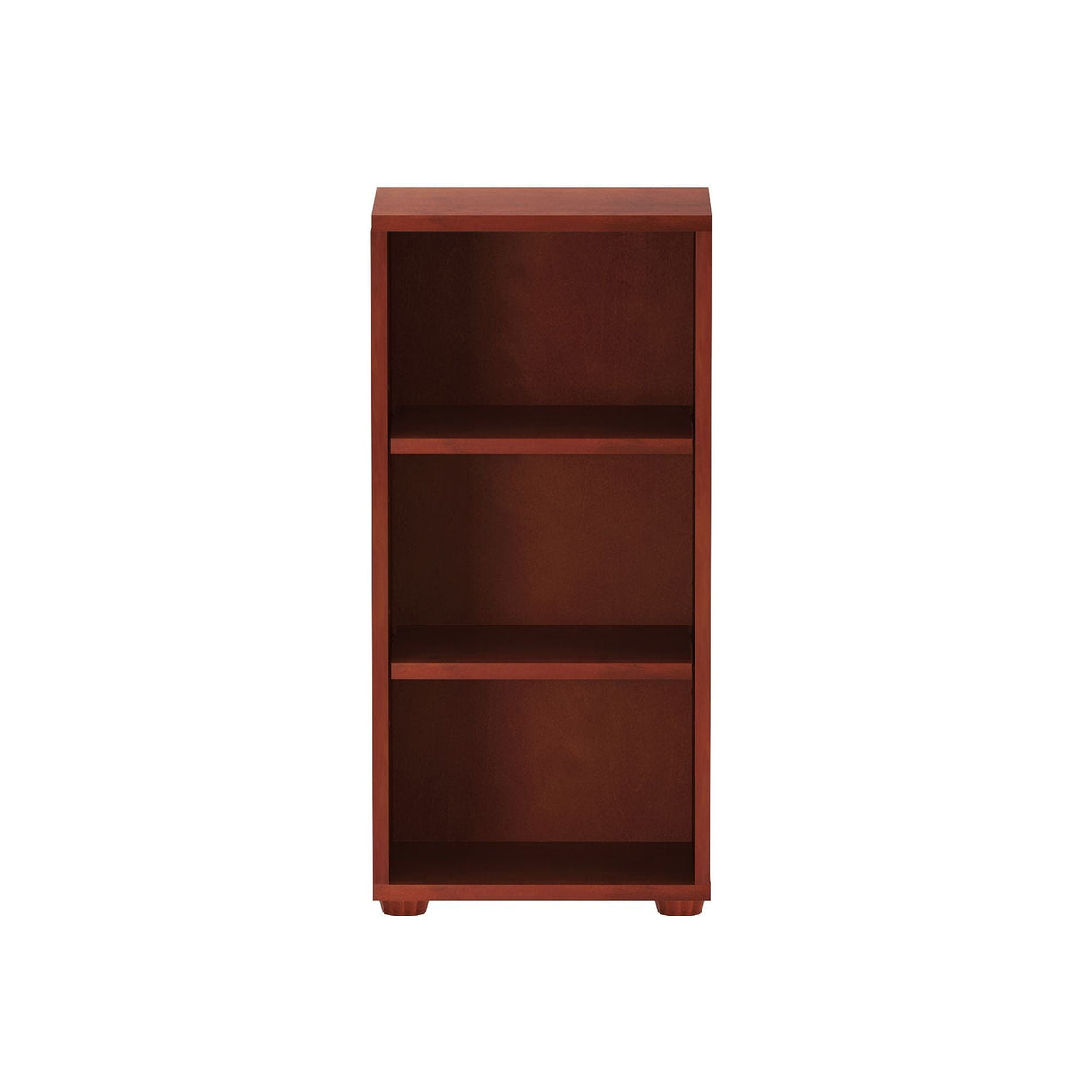 Rustic wooden bookcase with three shelves for home storage and organization.