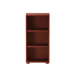 Rustic wooden bookcase with three shelves for home storage and organization.