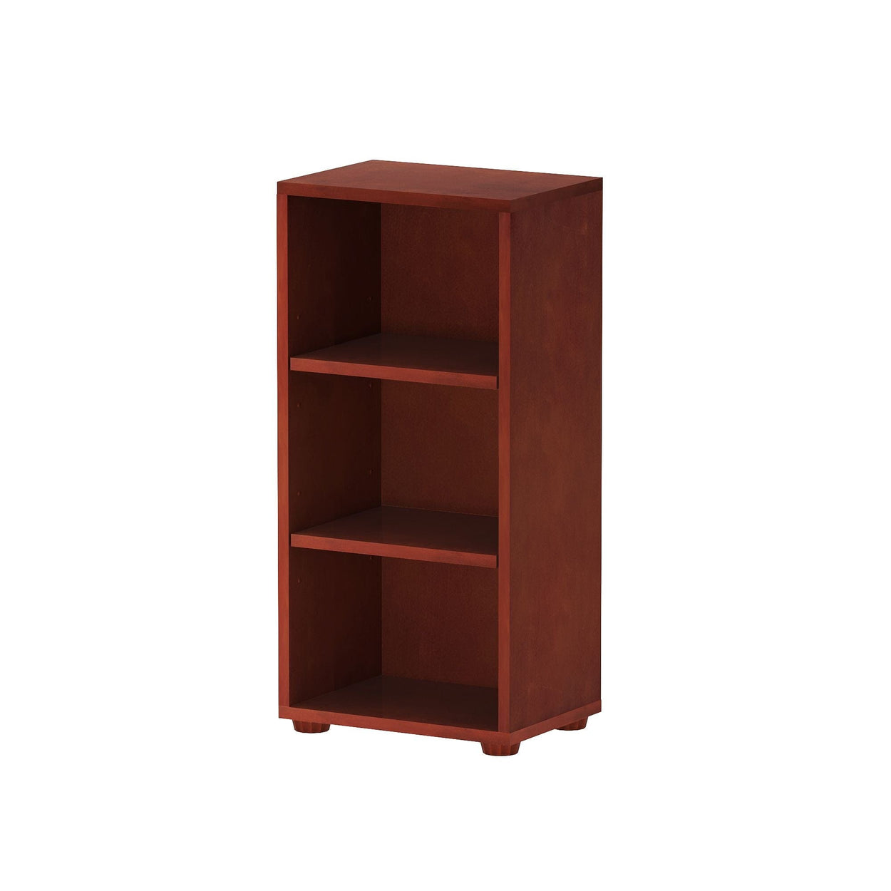 Three-shelf wooden bookcase in a dark brown finish for office or home storage.