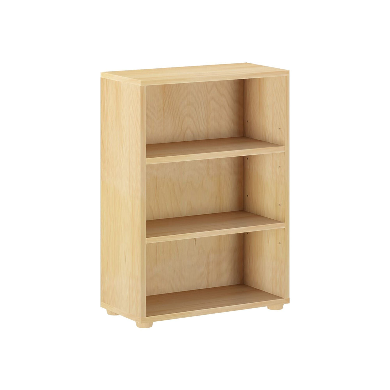 Natural wood bookshelf with three shelves for home or office organization.