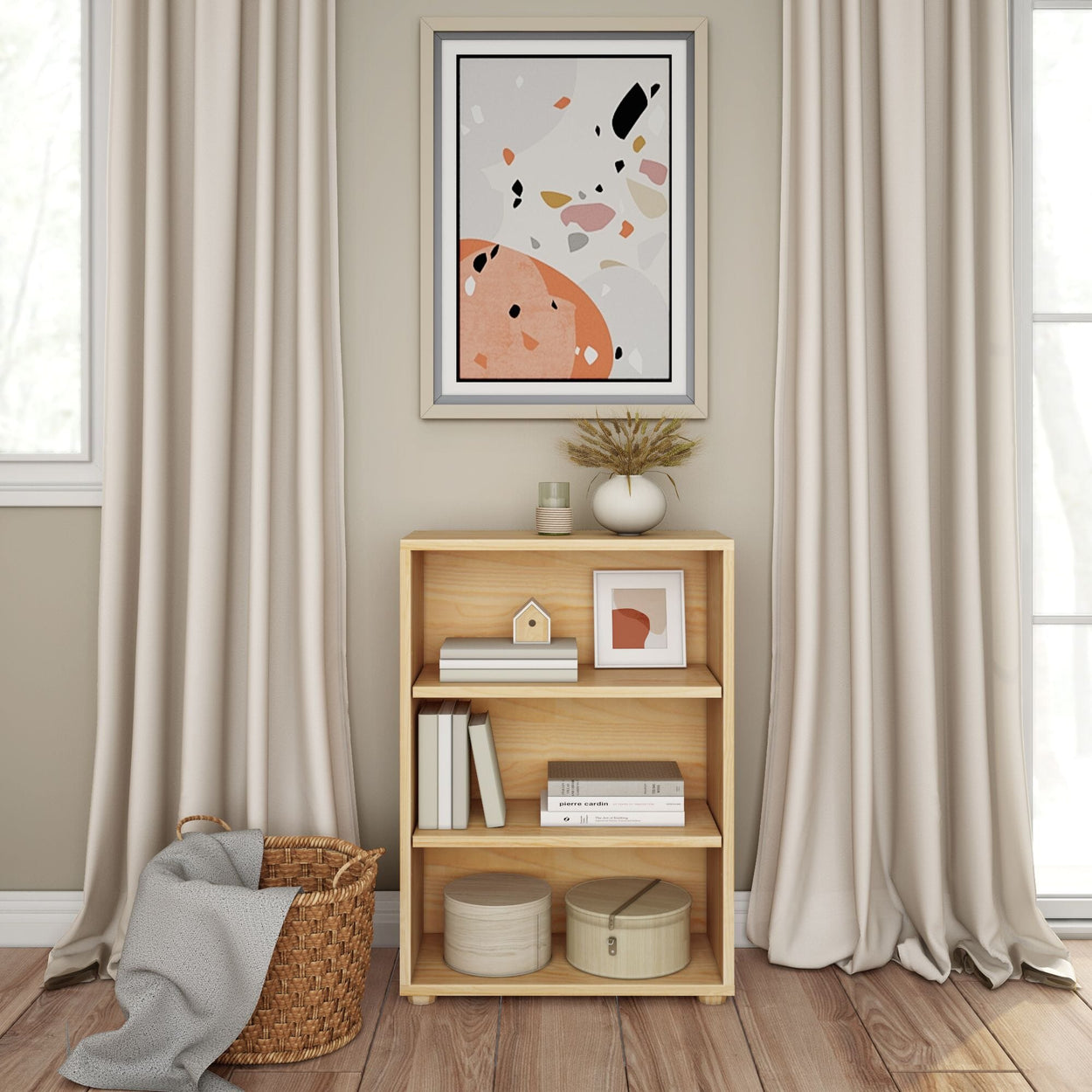 Shelf with decorative items and abstract art, modern living room interior design.
