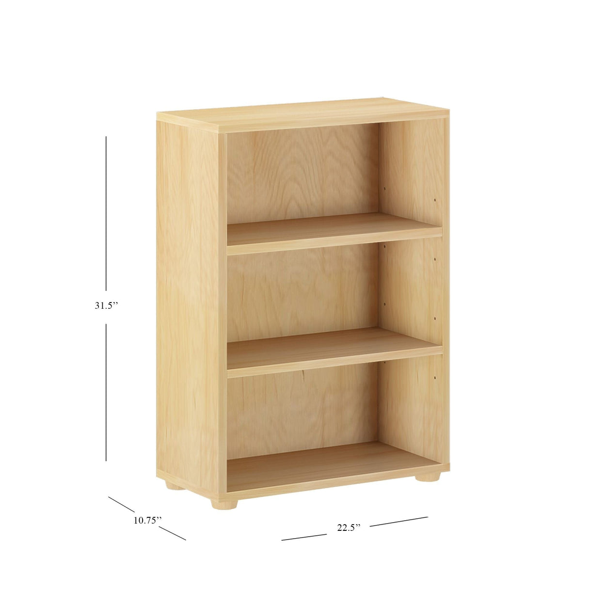 Three-shelf wooden bookcase with dimensions 31.5 inches in height, 22.5 inches in width, and 10.75 inches in depth, ideal for home or office storage solutions.