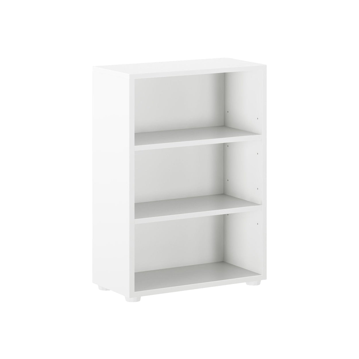 White wooden three-shelf bookcase for home or office organization.