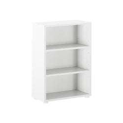 White wooden three-shelf bookcase for home or office organization.
